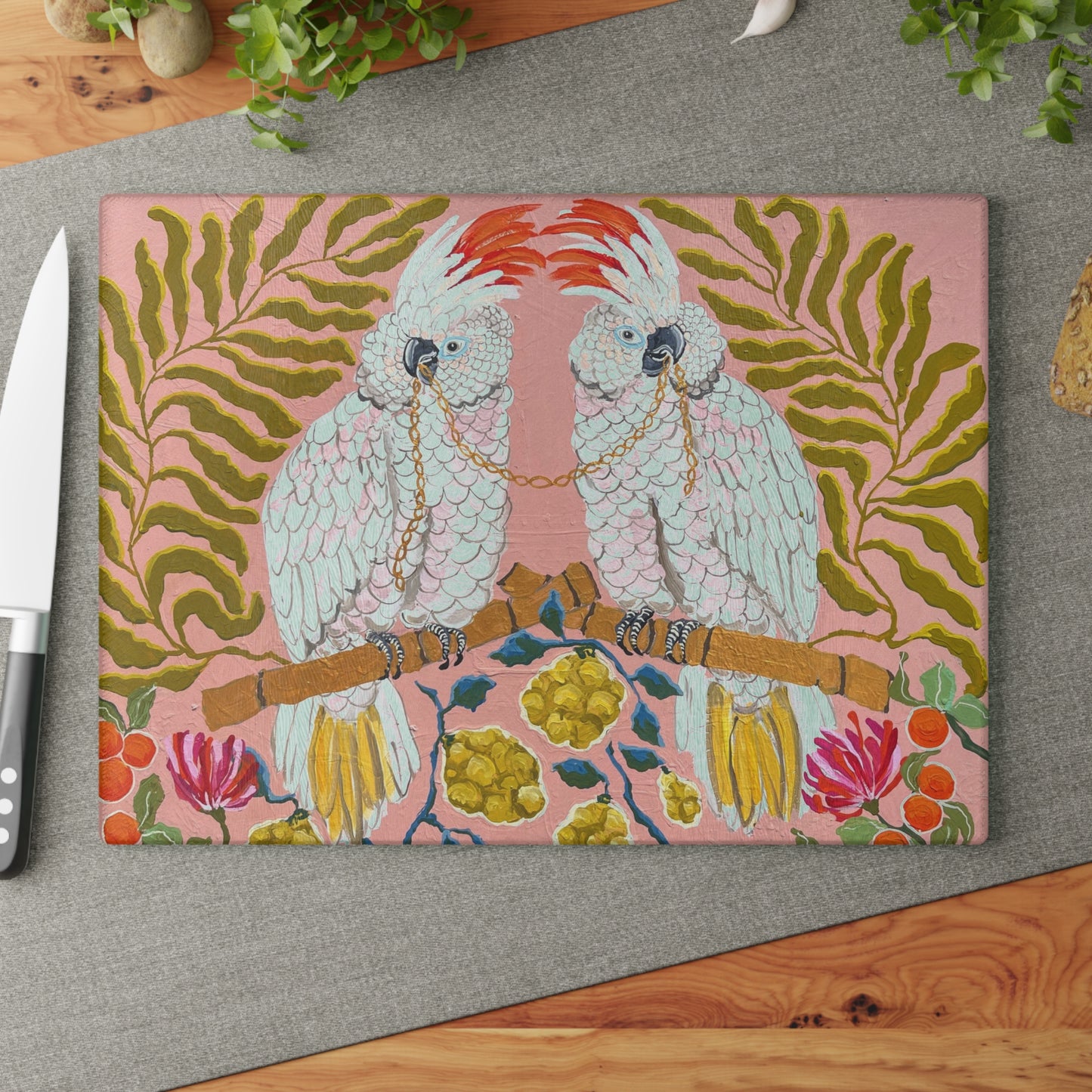 Cockatoo Pair Glass Cutting Board