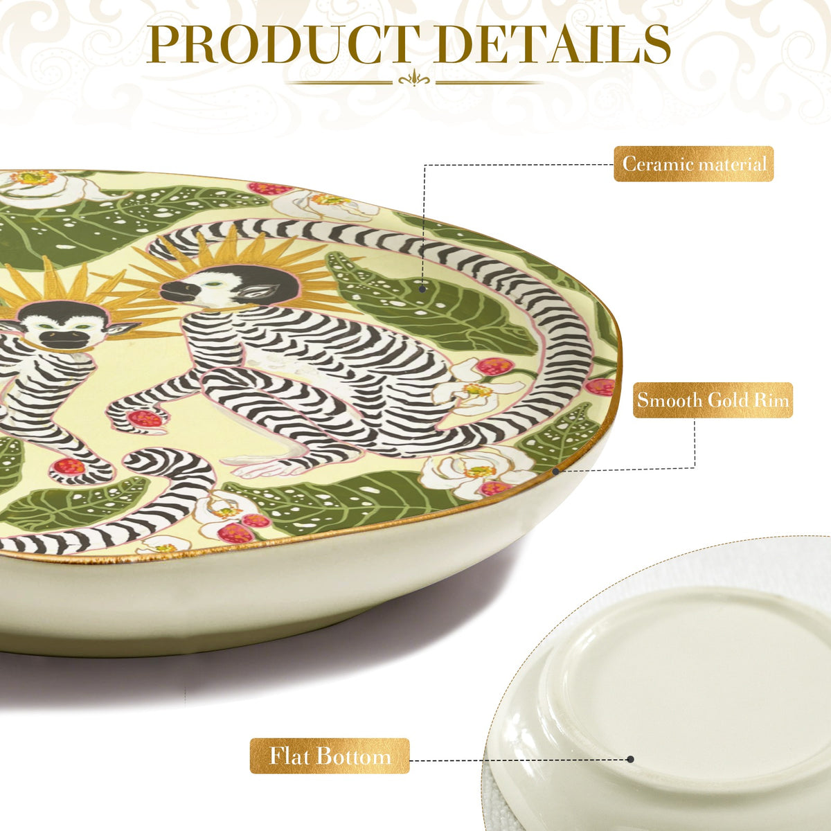 MONKEYS STRIPED BLACK AND WHITE WITH LEAVES AND LYCHEES Wavy Round Jewelry Dish