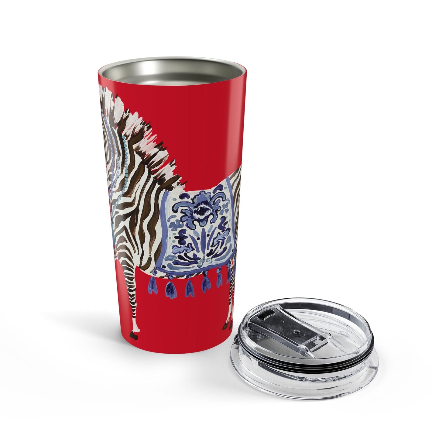 Tumbler 20oz - Brown Zebra Blue and White Blanket on Red