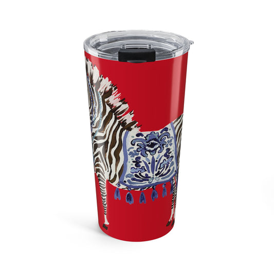 Tumbler 20oz - Brown Zebra Blue and White Blanket on Red
