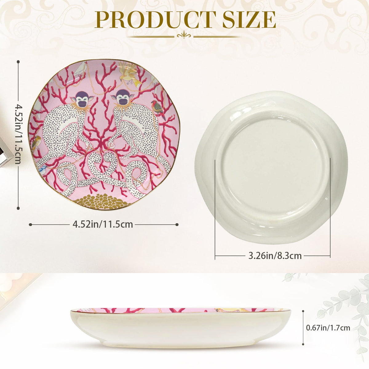 MONKEYS ON PINK WITH CORAL, BIRDS AND CHAINS Wavy Round Jewelry Dish