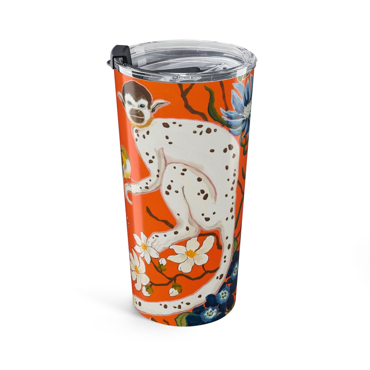 Tumbler 20oz - Monkeys on Orange with Blue Flowers