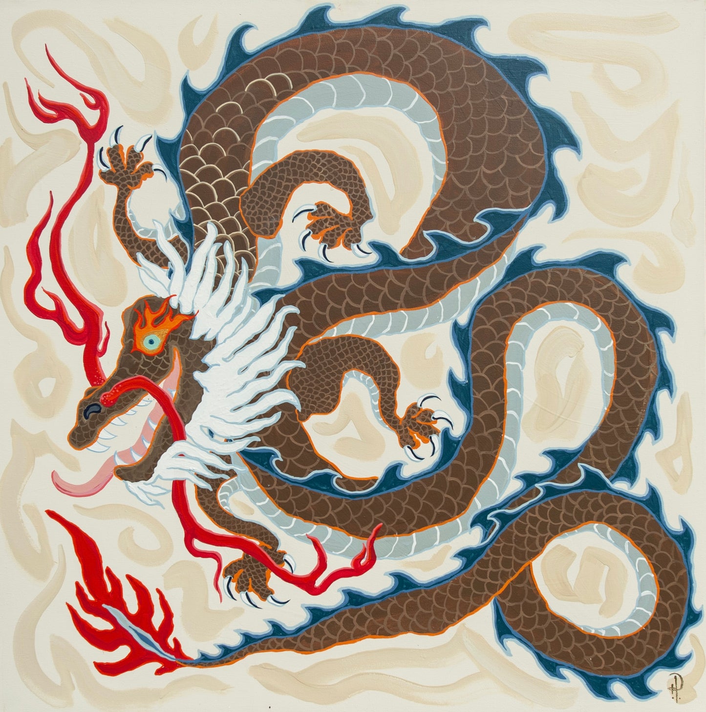 Dragon Brown, Red, Blue on Cream-Fine Art Print