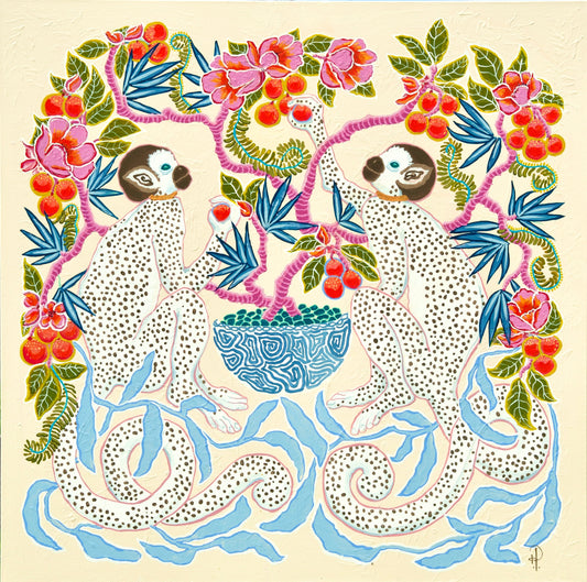 Monkeys Pink Flowers, Blue Leaves
