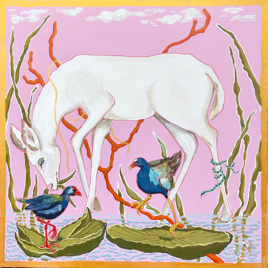 White Doe on Pink Wading with Purple Gallinules