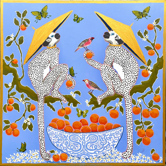 Monkeys Gold Hats on Periwinkle - Fine Art Print