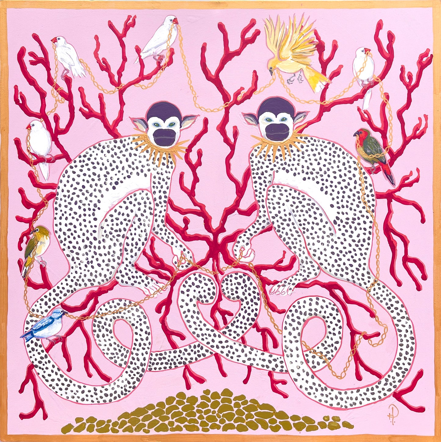 Monkeys on Pink with Coral, Birds and Gold Chains