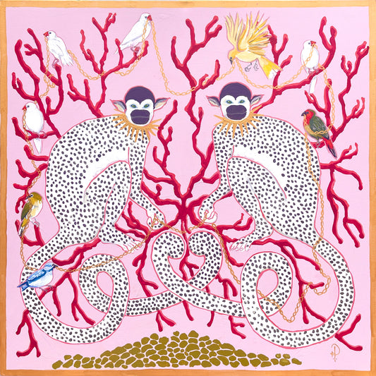Monkeys on Pink with Coral, Birds and Gold Chains
