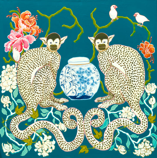 Monkeys on Teal with White Birds