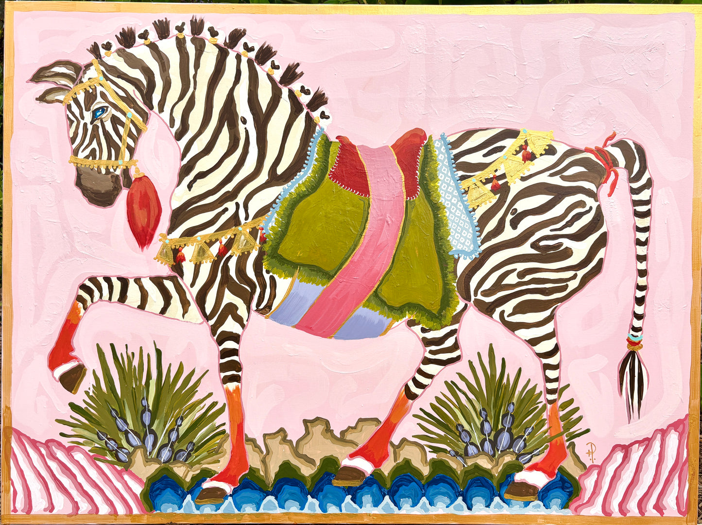Zebra on Pink  Adorned on Patterns of Rocks and Brush-Fine Art Print