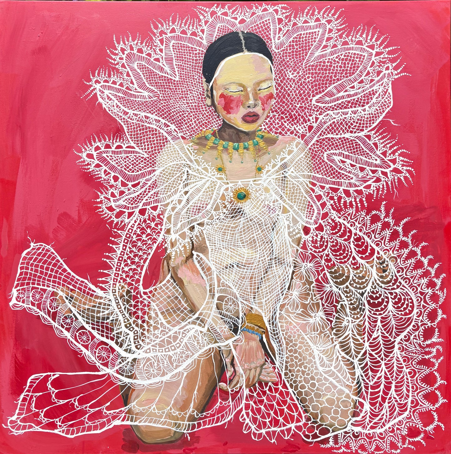 Lace adorned girl on Crimson
