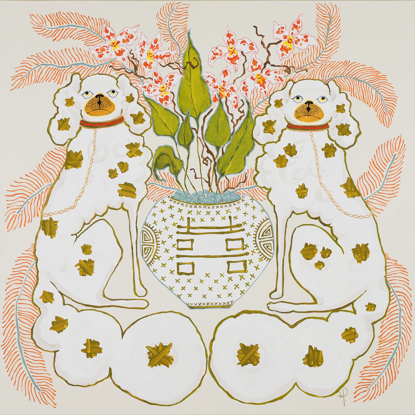 Staffordshire Dogs White with Orange Orchids
