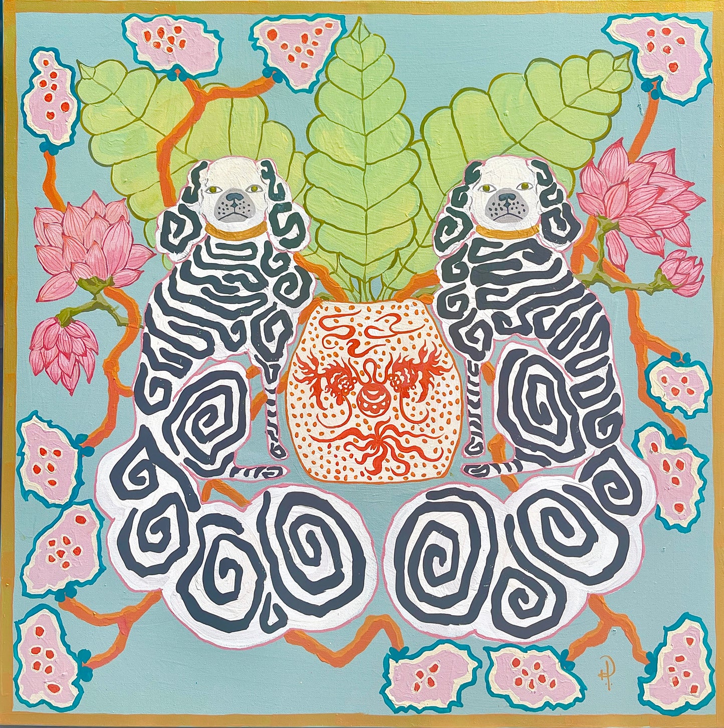 Staffordshire Dogs, Black and White Swirl, Tobacco Leaf