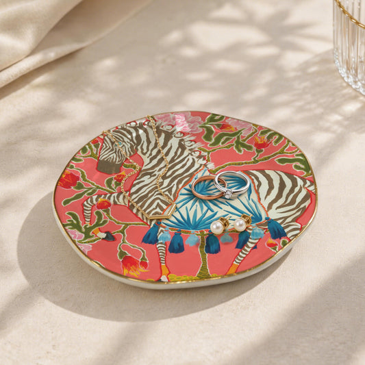 coral zebra with blue tassels 1323 Wavy Round Jewelry Dish