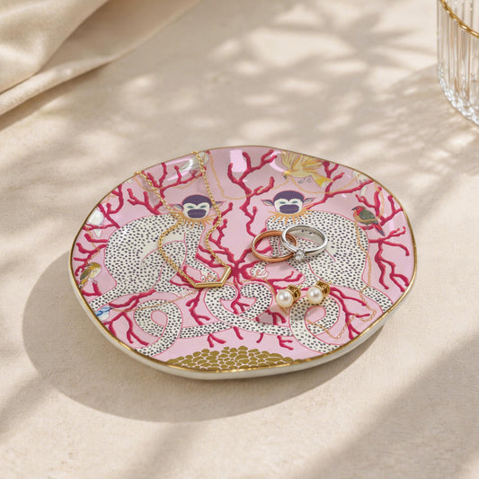 MONKEYS ON PINK WITH CORAL, BIRDS AND CHAINS Wavy Round Jewelry Dish