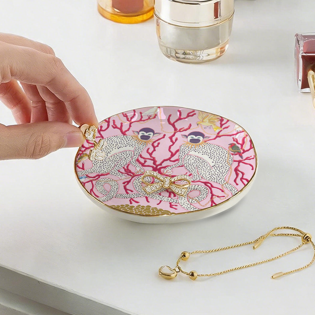 MONKEYS ON PINK WITH CORAL, BIRDS AND CHAINS Wavy Round Jewelry Dish