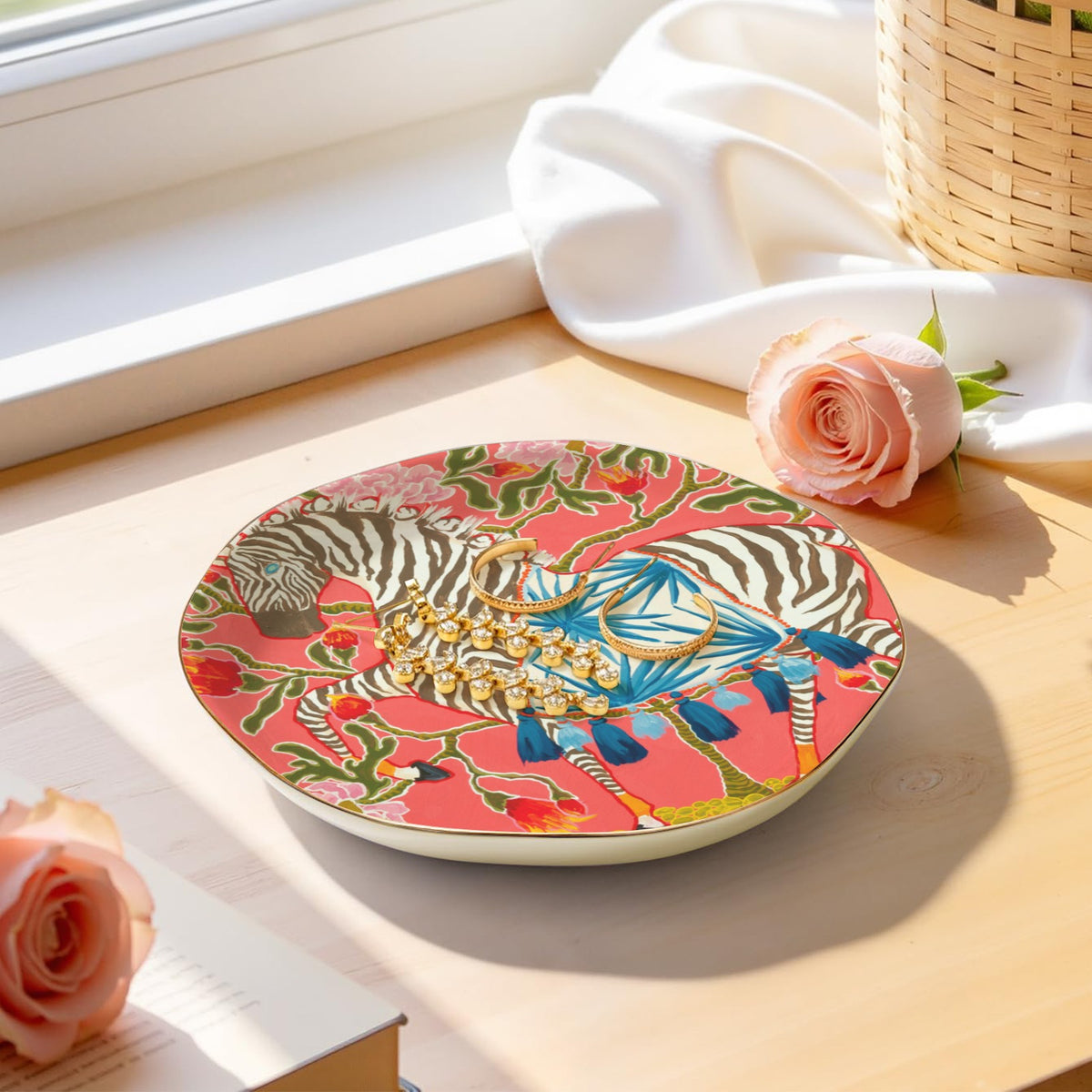coral zebra with blue tassels 1323 Wavy Round Jewelry Dish