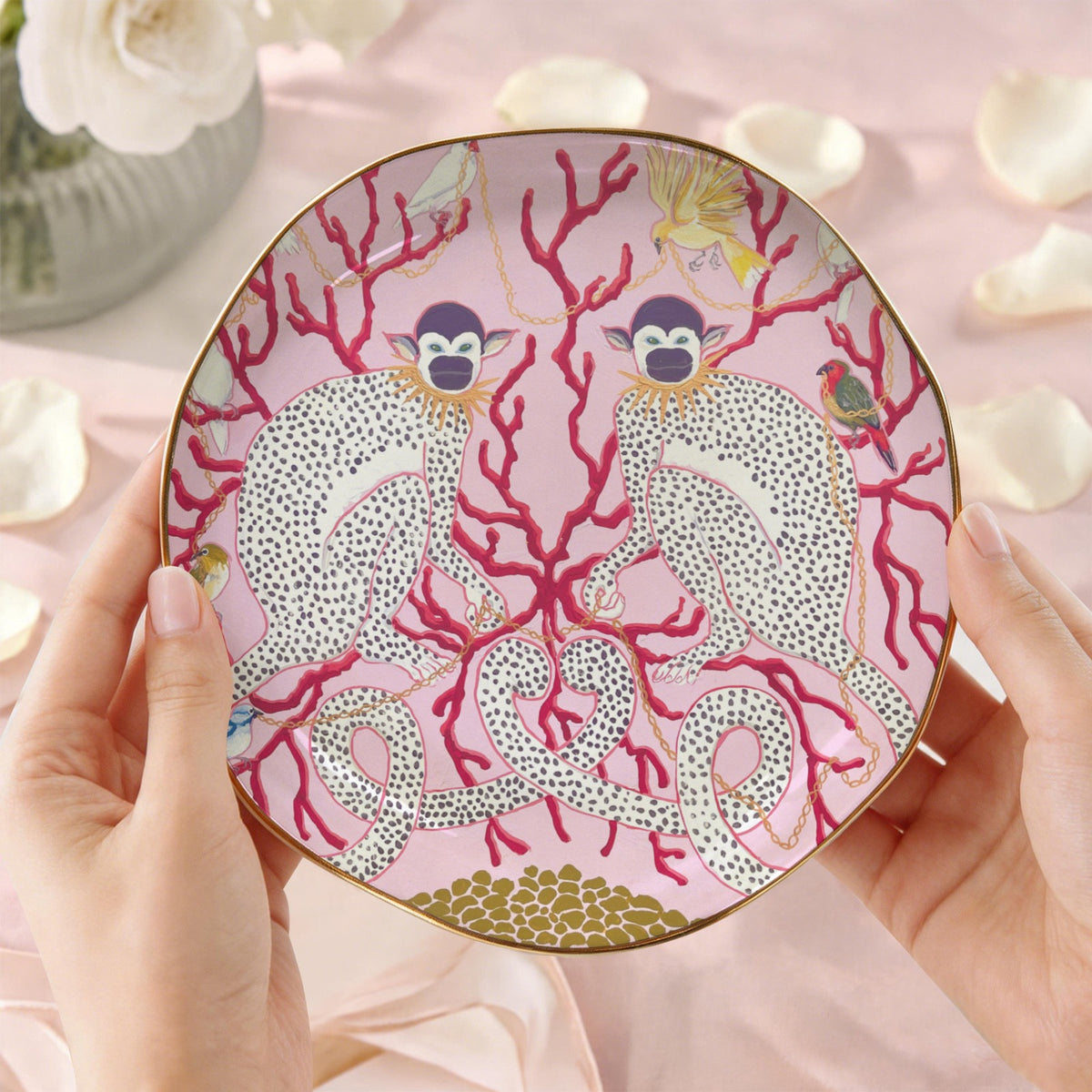 MONKEYS ON PINK WITH CORAL, BIRDS AND CHAINS Wavy Round Jewelry Dish