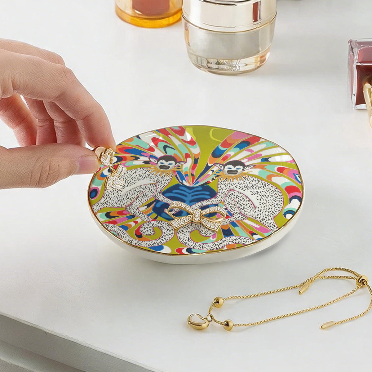 MONKEYS on Green PUCCI INSPIRED Wavy Round Jewelry Dish