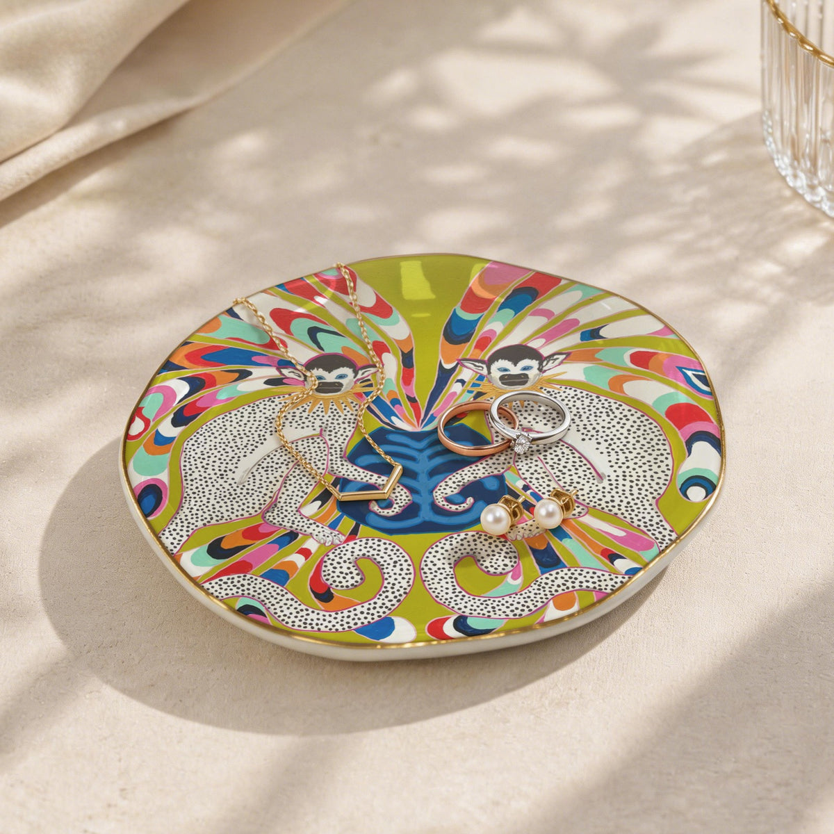 MONKEYS on Green PUCCI INSPIRED Wavy Round Jewelry Dish