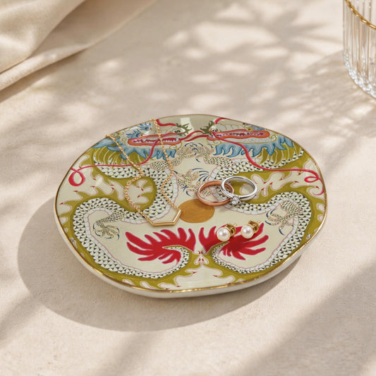 DRAGON RED AND GREEN Wavy Round Jewelry Dish